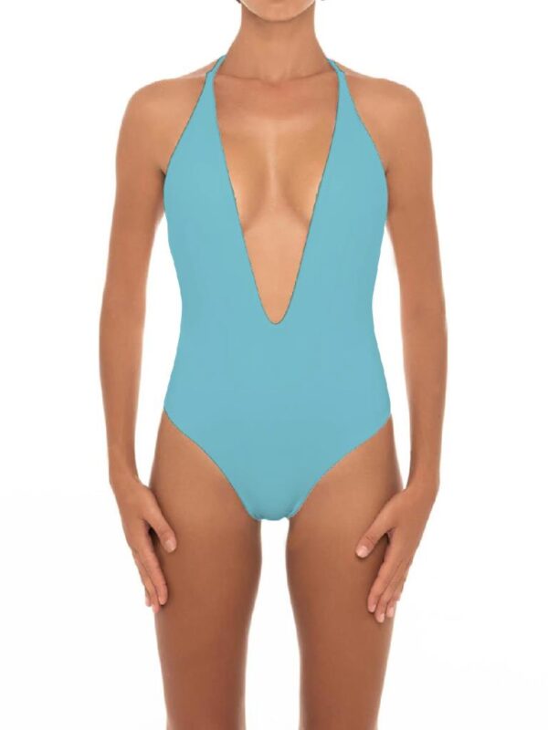 Women Blue Deep V Neck Swimsuit