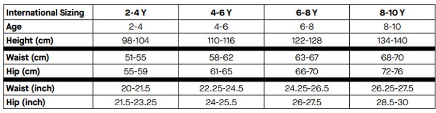 size chart for boys beachshorts