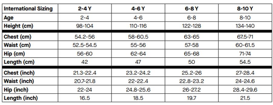 size chart for girls swimsuits