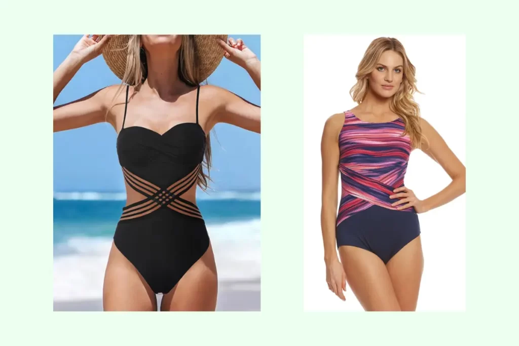 cross-body lines of a wrap style swimwear